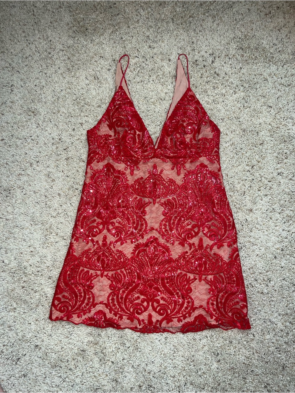 Free People Red Lace Sequin Slip